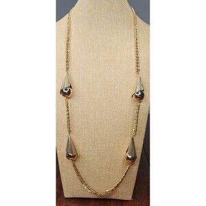 Vintage Gold Tone Long 34" Chunky Curb Chain Station Necklace Fish Hook Clasp
